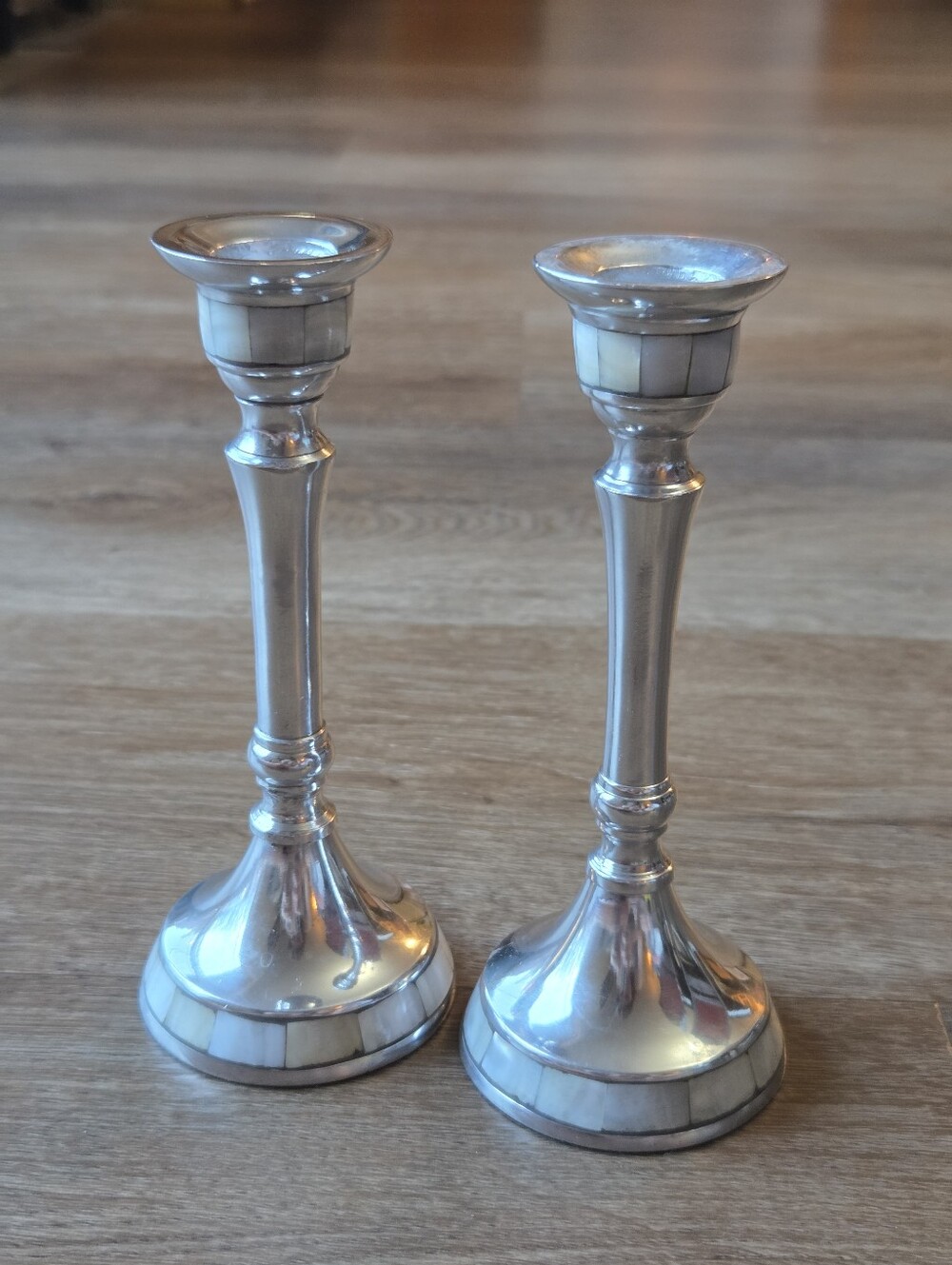 Set of 2 Silver Toned Candlestick Holders with Abalone Shell Like Detailing